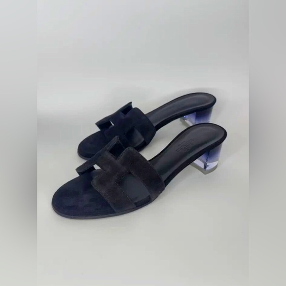 Hermes Oasis Velvet Sandals Black Suede Clear Heel RARE size 6.5 - Picture 7 of 9